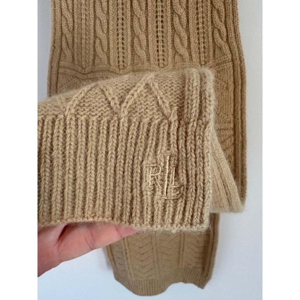 Lauren Ralph Lauren Camel Tan Cable Knit Scarf Embroidered RLL Logo Monogram